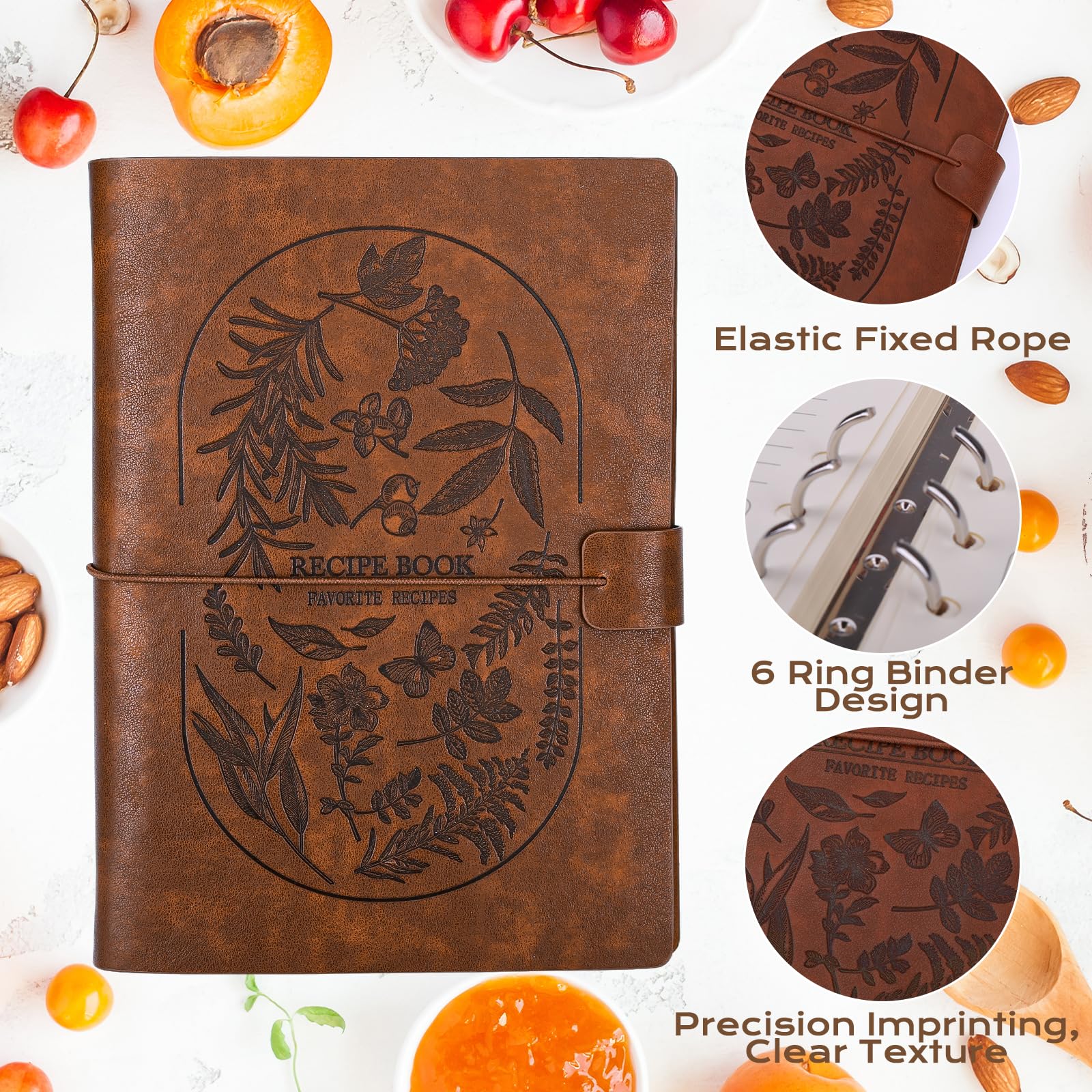 XKDOUS cuaderno recetas cuero marrón, pestañas y pegatinas para organización
