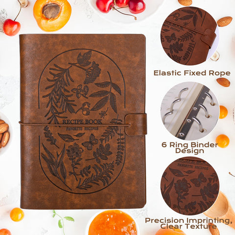 XKDOUS cuaderno recetas cuero marrón, pestañas y pegatinas para organización