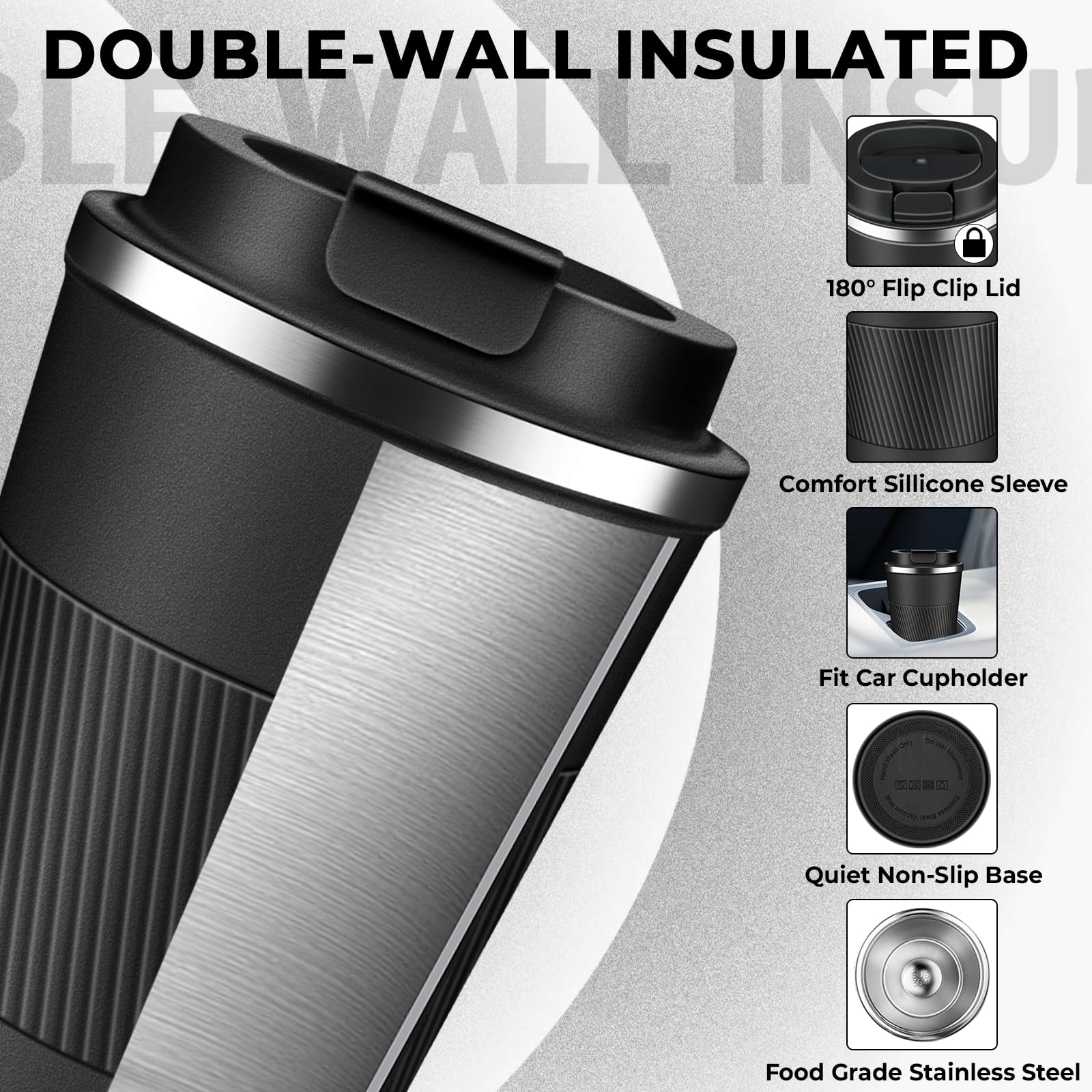 XKELFX Termo Café 17oz negro, compatible con portavasos de coche