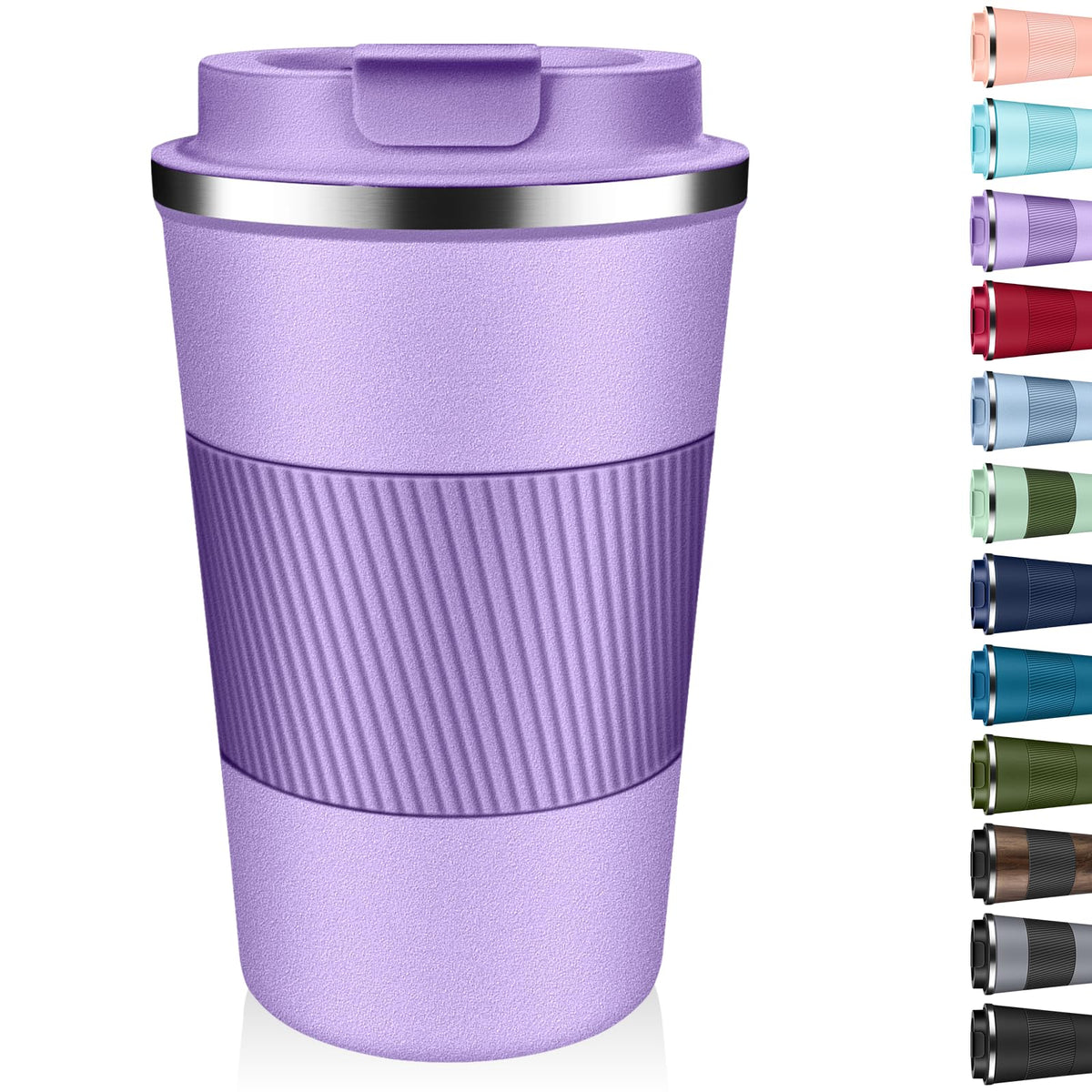 XKELFX tumbler termico 12oz lavanda, vista frontal; mantiene bebidas calientes o frias por horas