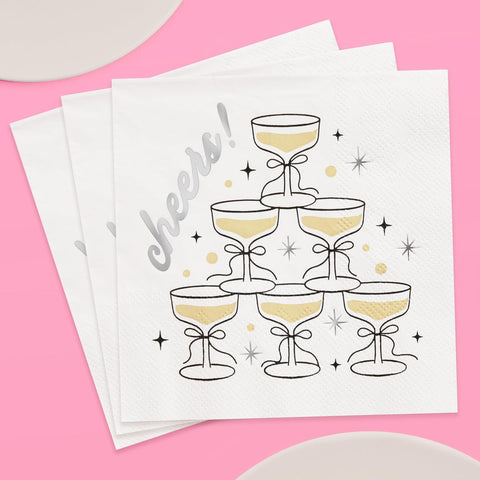 Servilletas xo Fetti 3-ply blancas con dorado para eventos.
