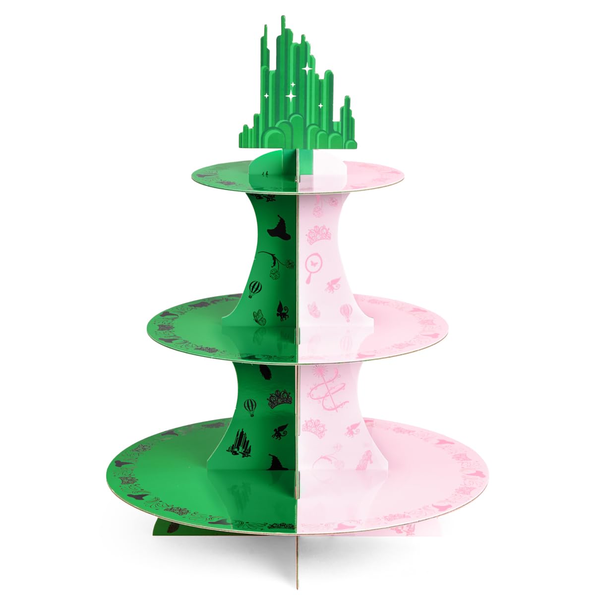 Torre xo-fetti de cupcakes bruja rosa-verde, ideal para fiestas temáticas.