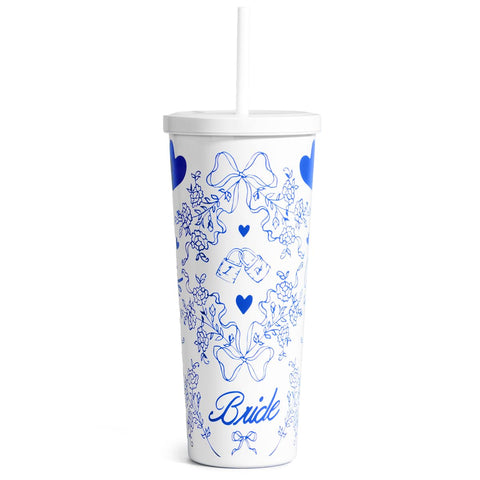 xo, Fetti tumbler para novia en blanco y azul, ideal para brindis.