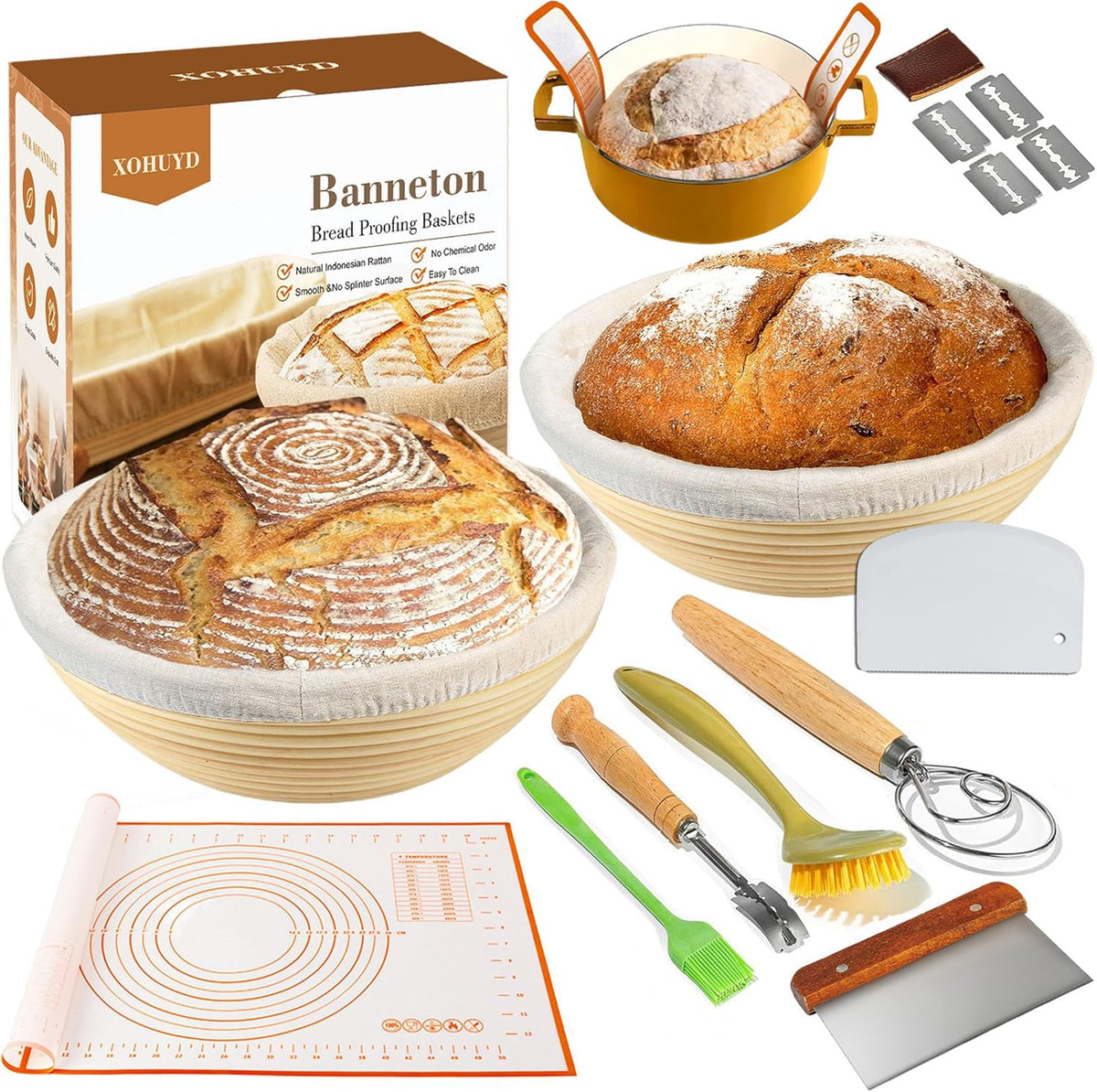 Cesta Banneton XOHUYD para levado redonda de 9 pulgadas, favorece fermentación uniforme