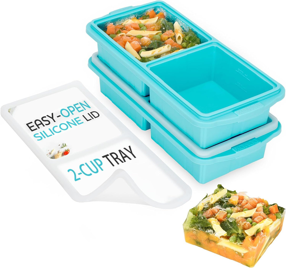 XOMOO bandeja congelador silicona con tapa, vista superior, ideal para porciones de 500 ml