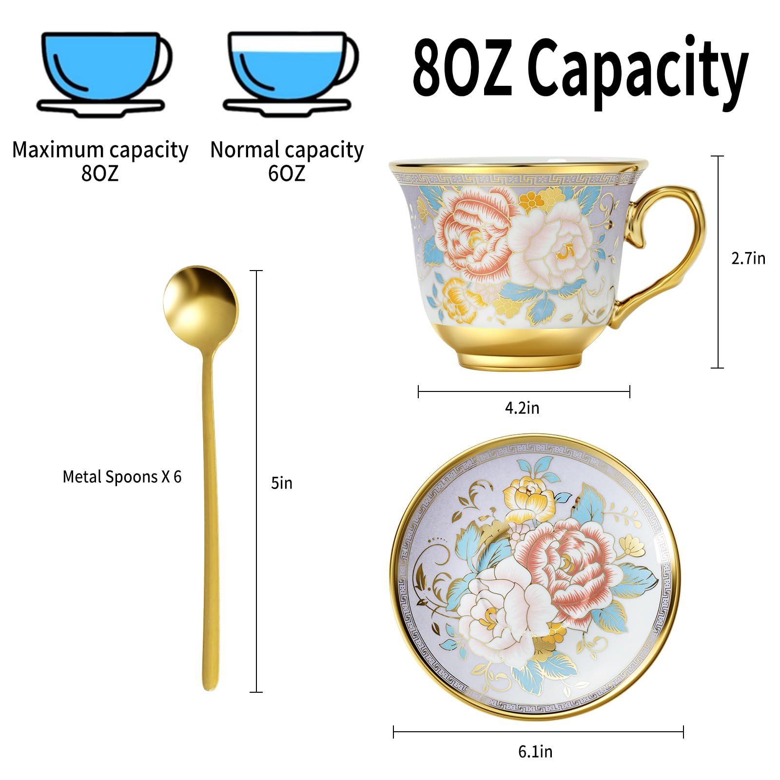 XRBEOU platillos de porcelana con motivo floral y borde dorado