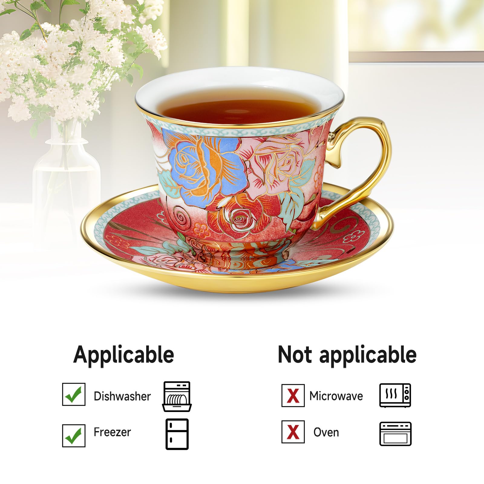 XRBEOU taza capuchino con diseño floral vintage y asa dorada
