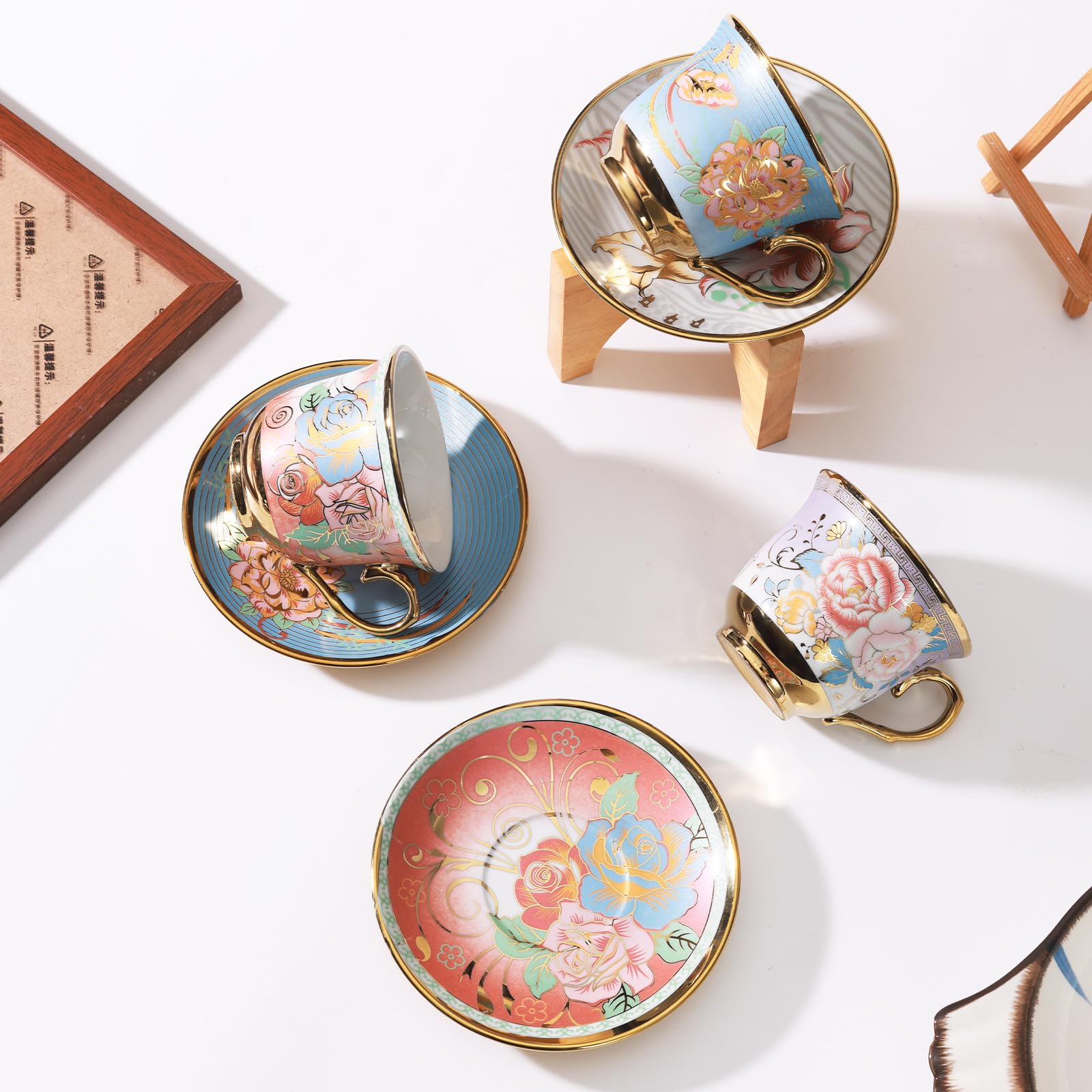 XRBEOU taza de té para tarde con acabado floral y detalles dorados