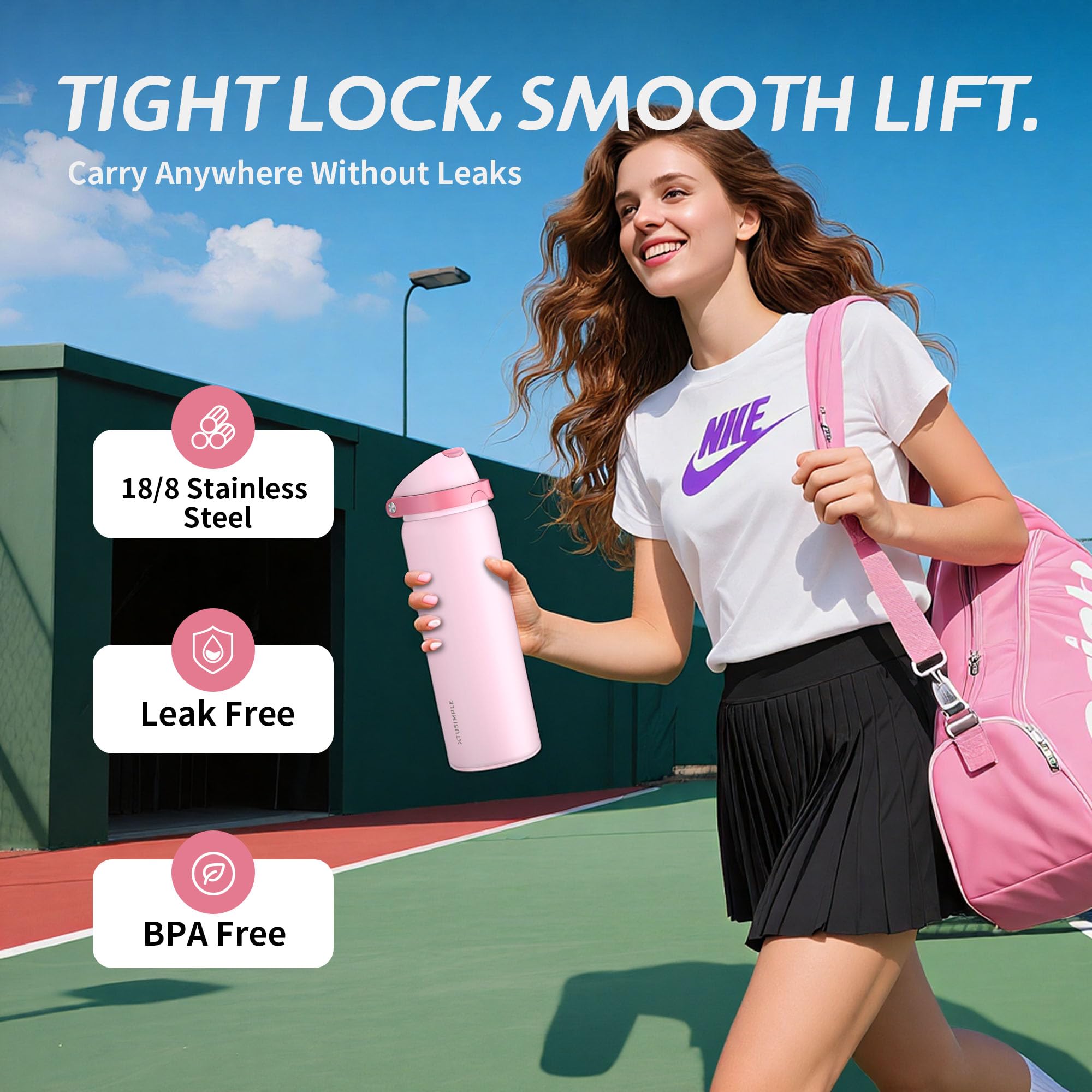 XTUSIMPLE botella rosa 32 oz ideal para viajes y gimnasio.