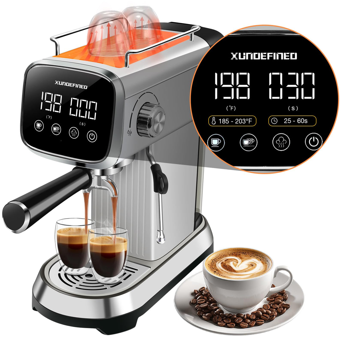 XUNDEFINED máquina de espresso con 20 bares y pantalla LED para preparar café rápido.