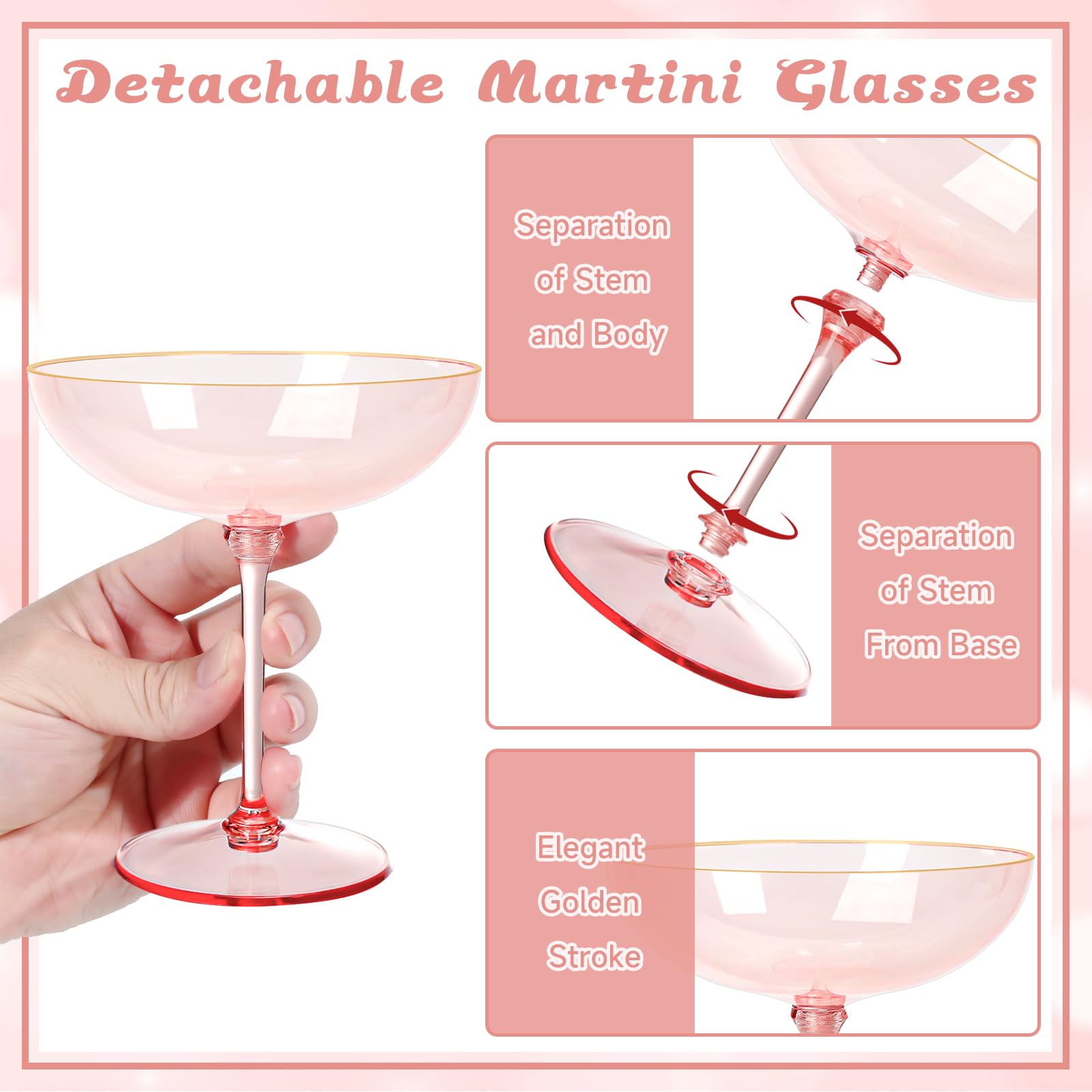 Copa martini desmontable rosa 9oz, práctica para almacenamiento.