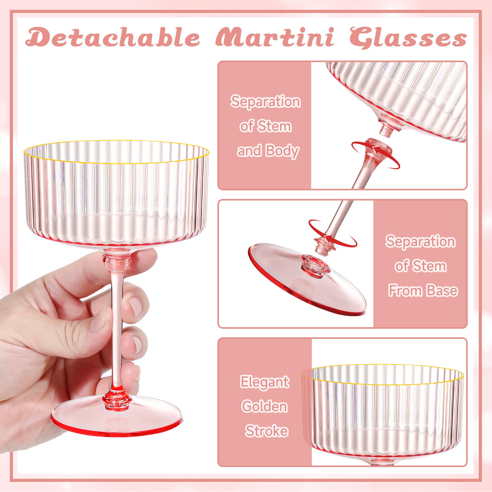 Copa martini rosa acrílica resistente, ideal para uso diario sin romperse.