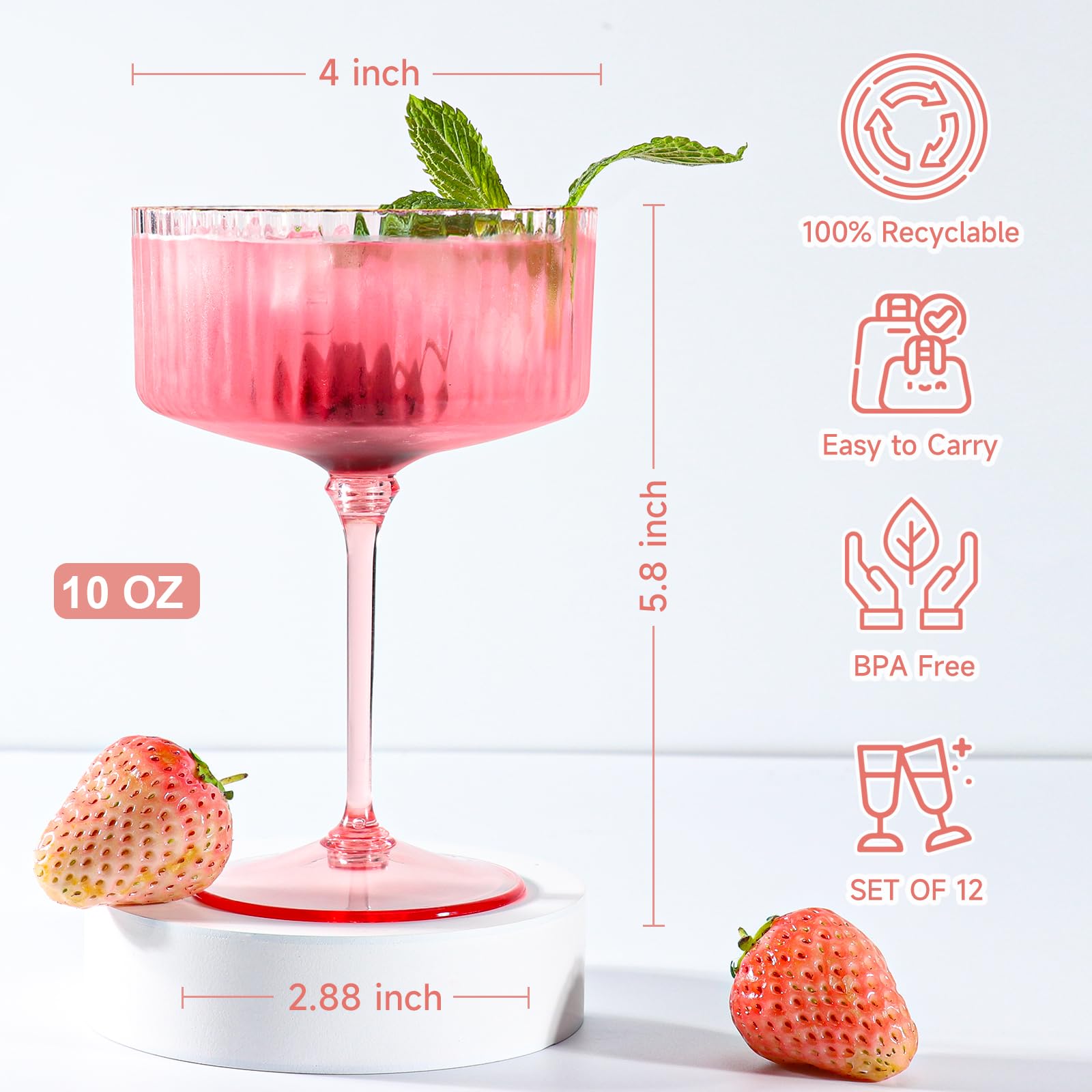 Juego de 24 copas martini rosas de plástico, duraderas para fiestas y eventos.