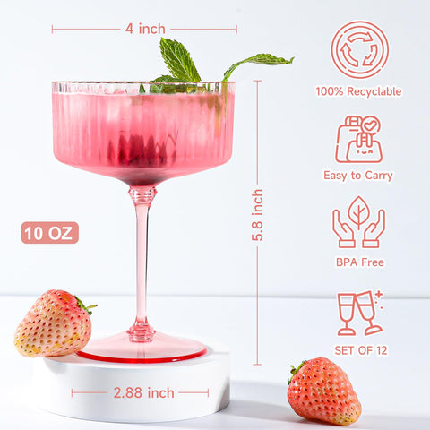Juego de 24 copas martini rosas de plástico, duraderas para fiestas y eventos.