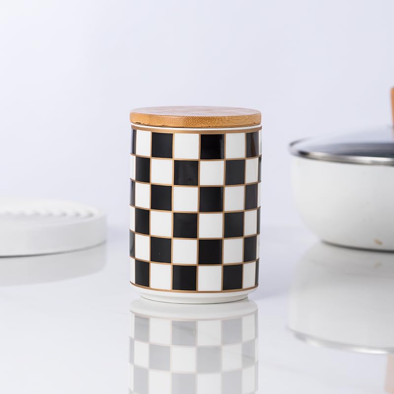 XYQXYQ contenedores cerámicos con diseño a cuadros y tapa de madera para mantener ingredientes frescos.