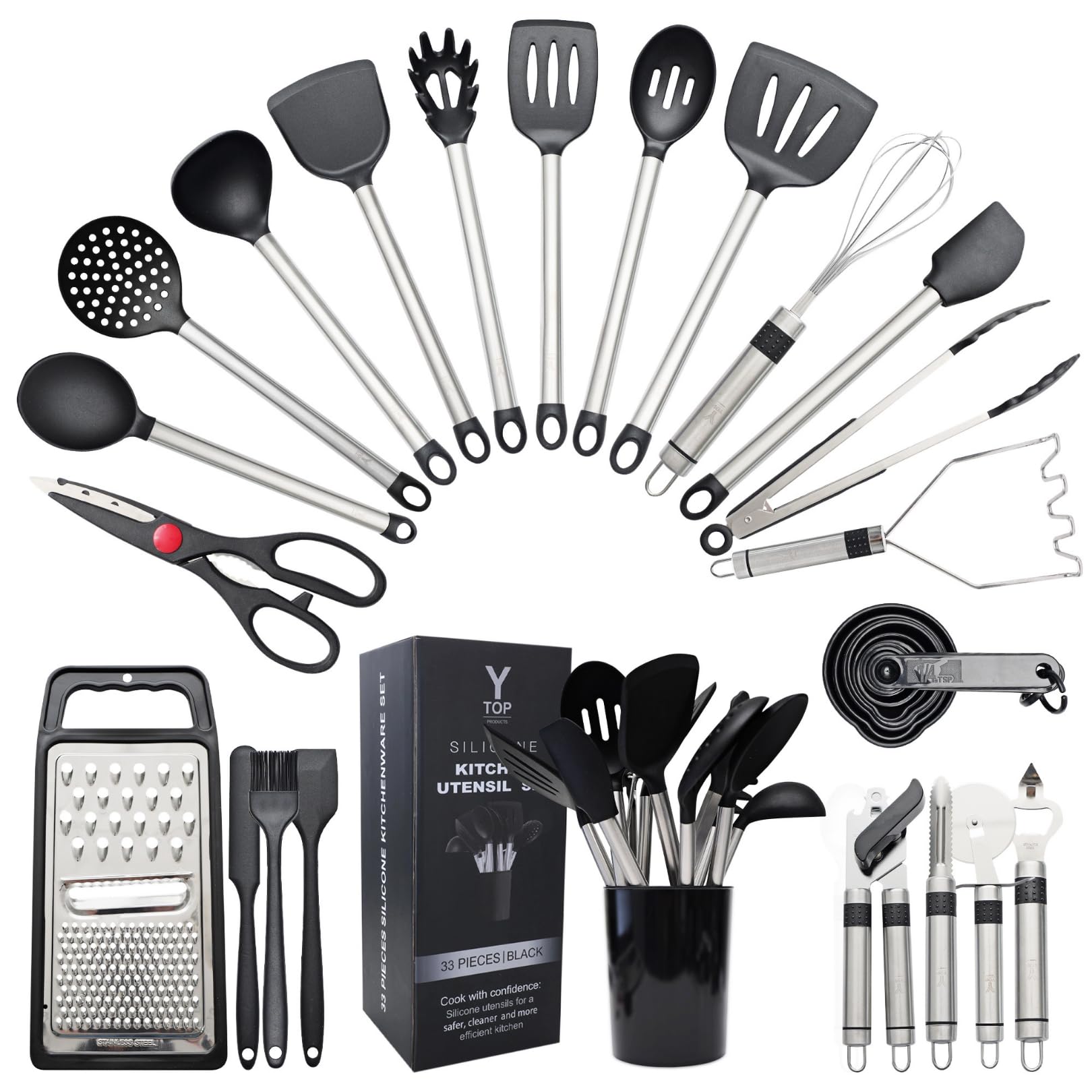 Conjunto de utensilios de silicona Y TOP PRODUCTS con mango de acero, ideal para sartenes antiadherentes.