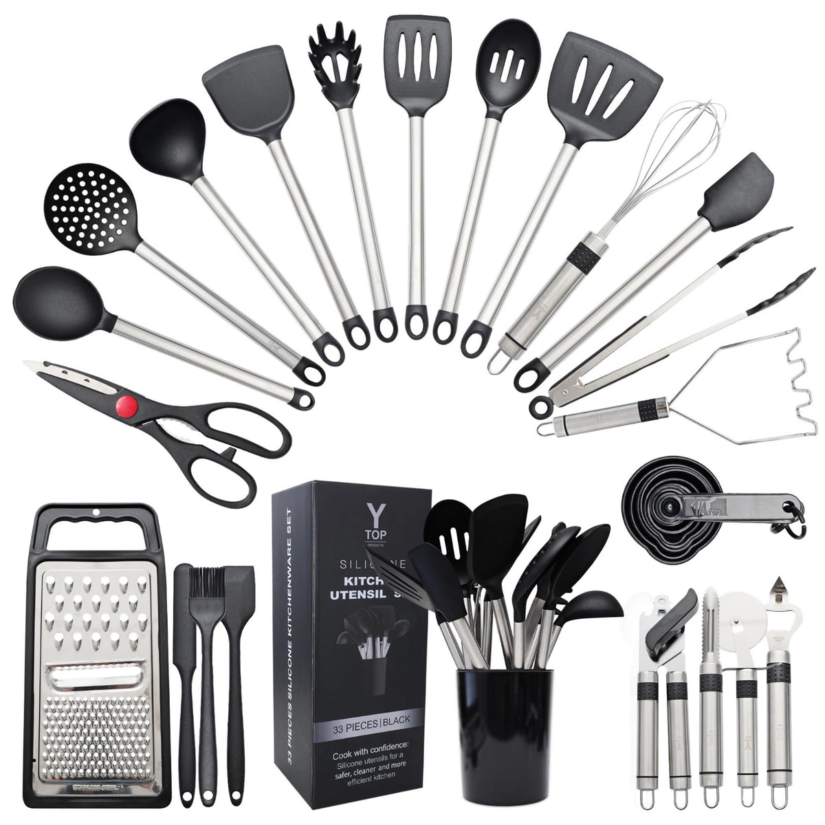 Conjunto de utensilios de silicona Y TOP PRODUCTS con mango de acero, ideal para sartenes antiadherentes.