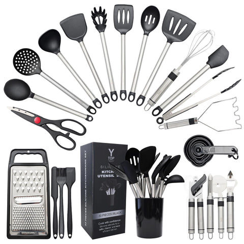 Conjunto de utensilios de silicona Y TOP PRODUCTS con mango de acero, ideal para sartenes antiadherentes.
