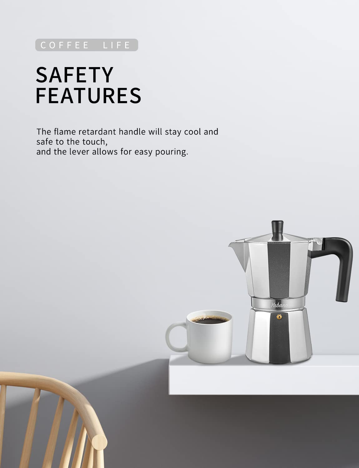 Yabano cafetera moka detalle mango ergonómico para manejo seguro