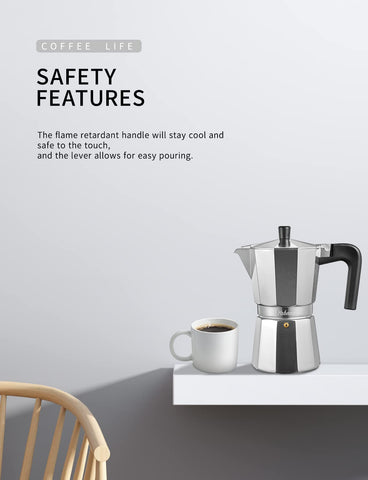 Yabano cafetera moka detalle mango ergonómico para manejo seguro