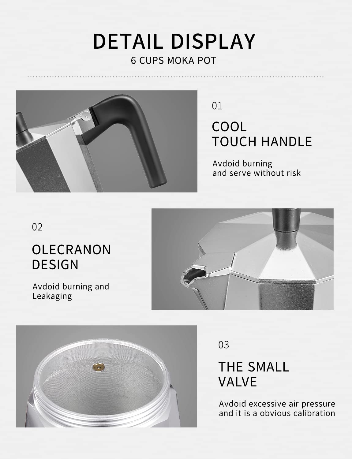 Yabano cafetera moka tapa-rosca muestra diseño y sellado seguro