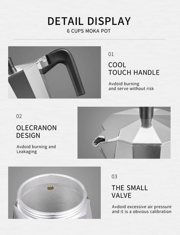 Yabano cafetera moka tapa-rosca muestra diseño y sellado seguro