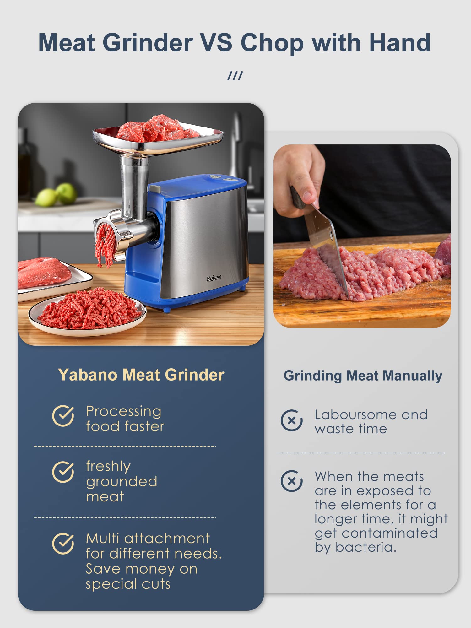 Yabano molino de carne eléctrico, placas de acero inoxidable en dos grosores