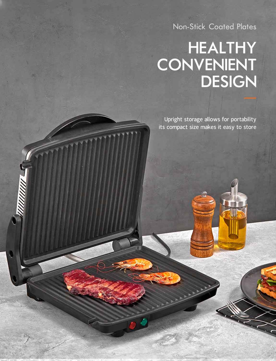 Yabano Panini Prensa diseño compacto ideal para cocinas pequeñas.