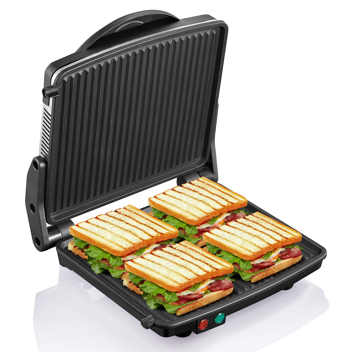 Yabano Panini Prensa con superficie de acero inoxidable, ideal para cocción rápida y uniforme.
