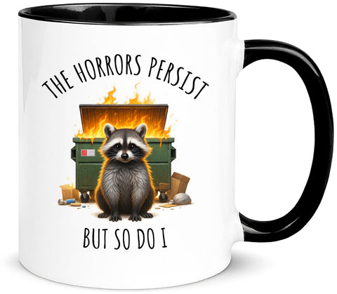 Taza Yalocib con mapache ante basurero en llamas, ideal para café matutino con humor