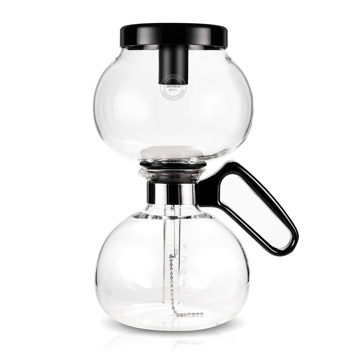 Cafetera sifón Yama Glass en estufa, mostrando capacidad para 8 tazas y servicio compartido