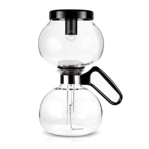 Cafetera sifón Yama Glass en estufa, mostrando capacidad para 8 tazas y servicio compartido