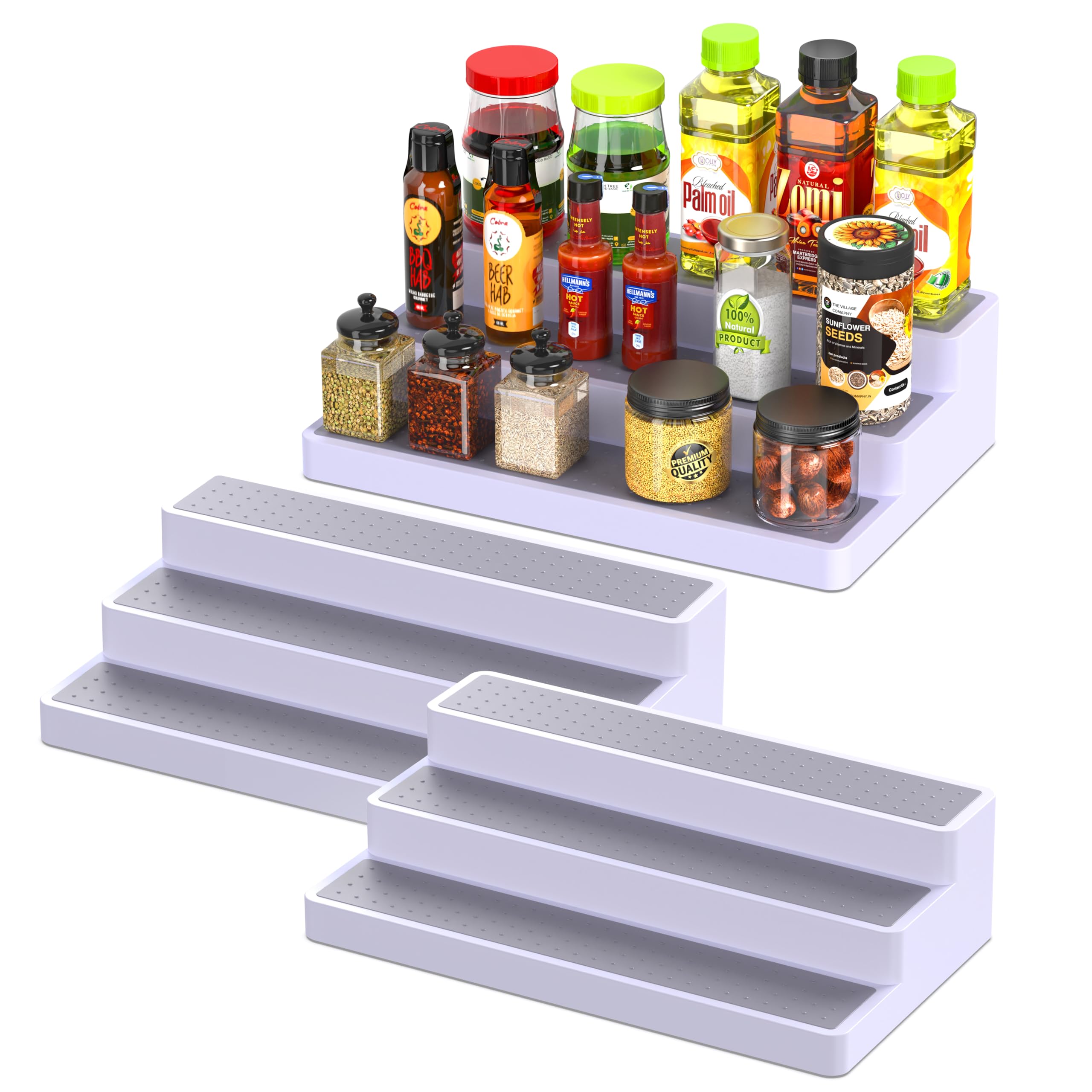 Estante de especias de tres niveles Yan y Hin para cocina más ordenada.