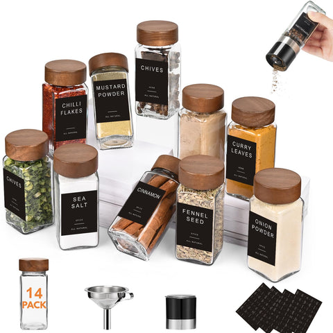 Yangbaga botes de especias cuadrados con tapas de madera, ideal para almacenamiento limpio y elegante.