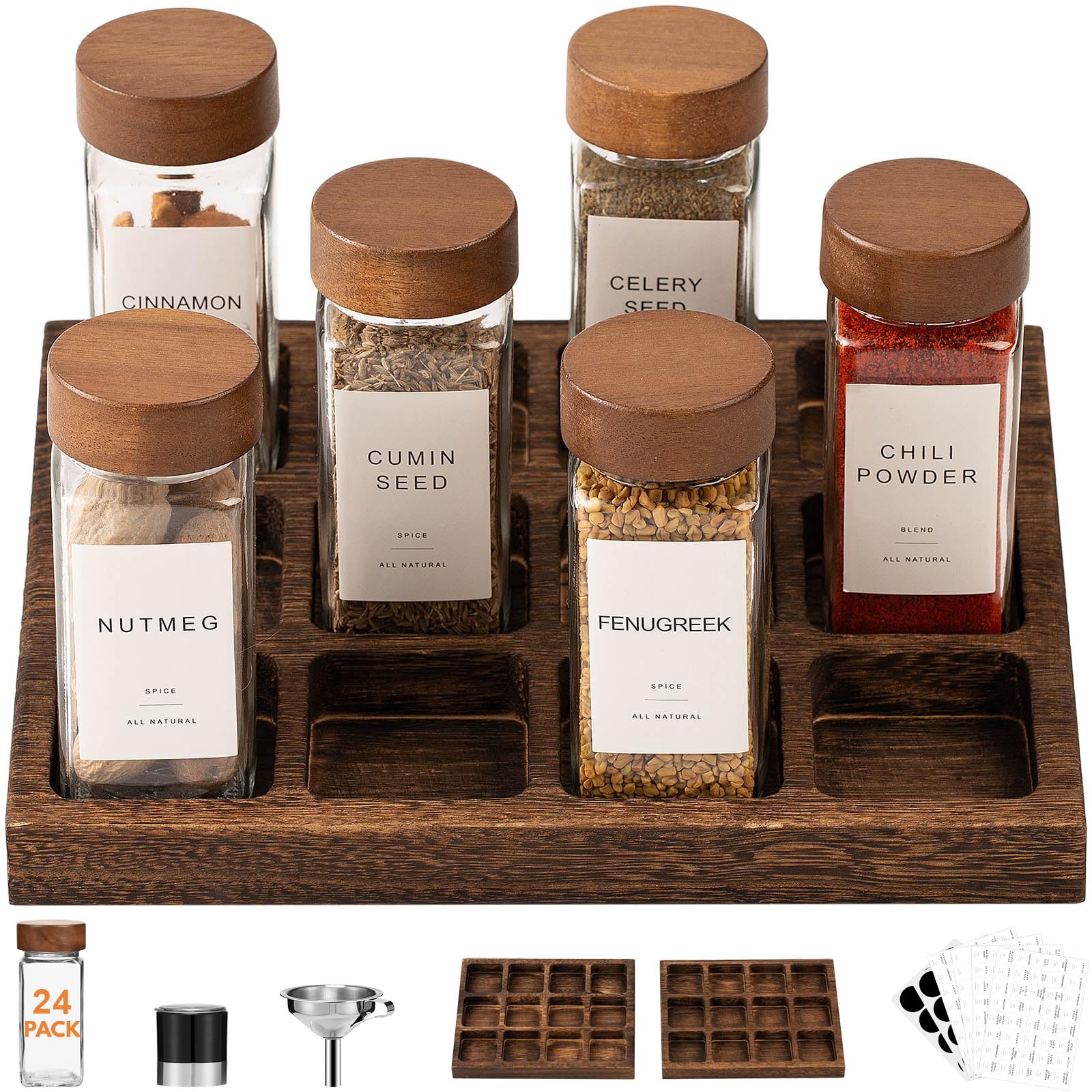Yangbaga tarros de especias de vidrio 4oz con tapas de acacia, para organizar la despensa.