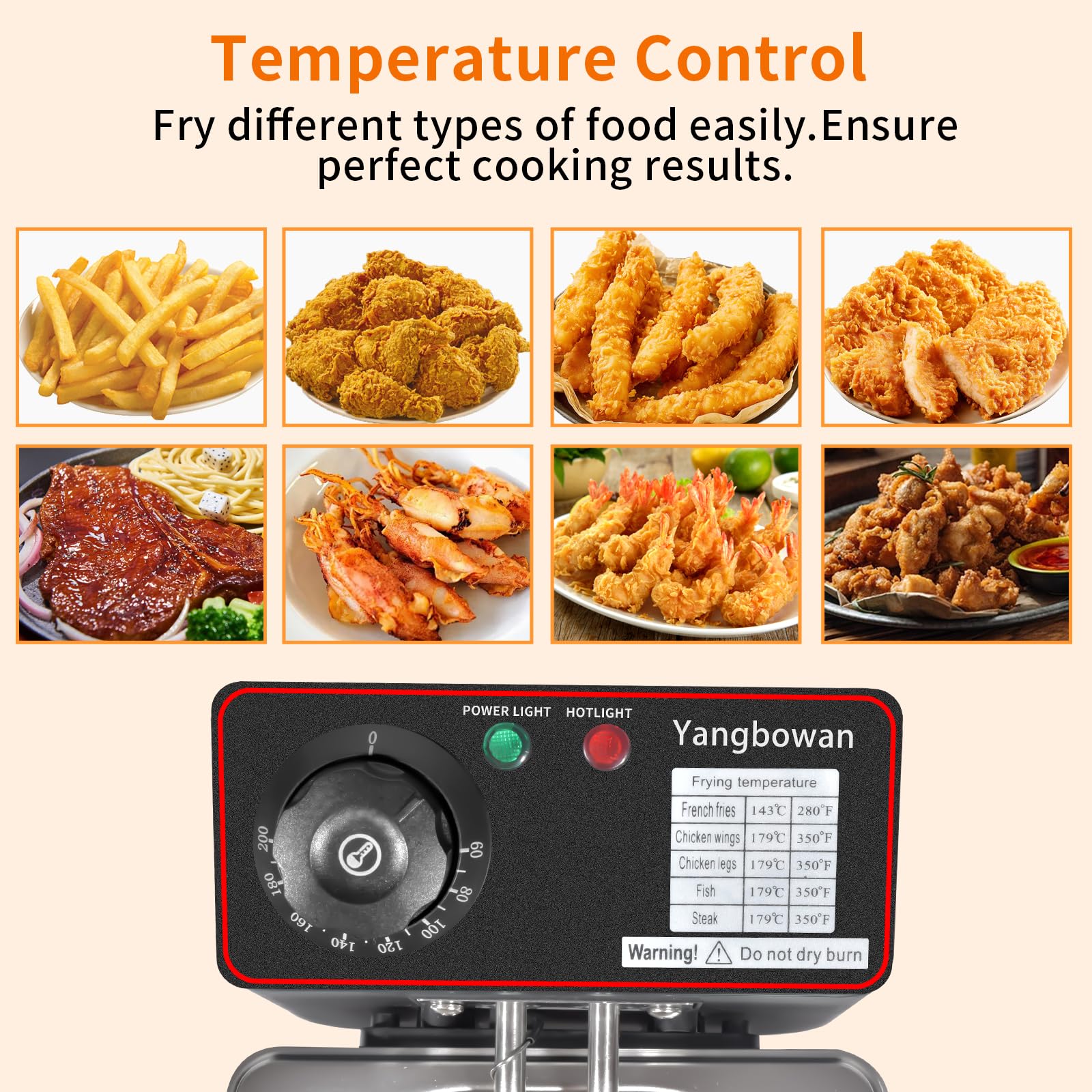 Freidora Yangbowan 1300W mantiene temperatura constante para dorar patatas y pollo.