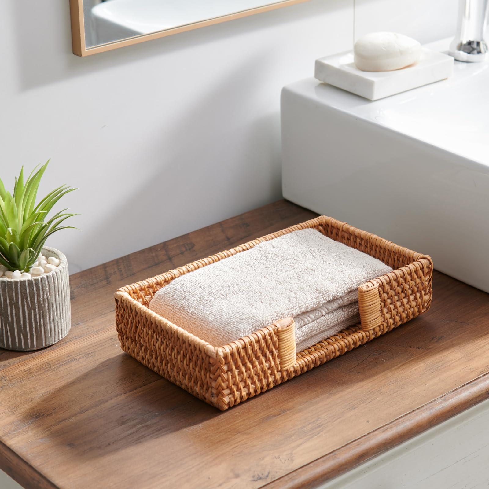 YANGQIHOME vista superior porta-servilletas rattan, detalle artesanal
