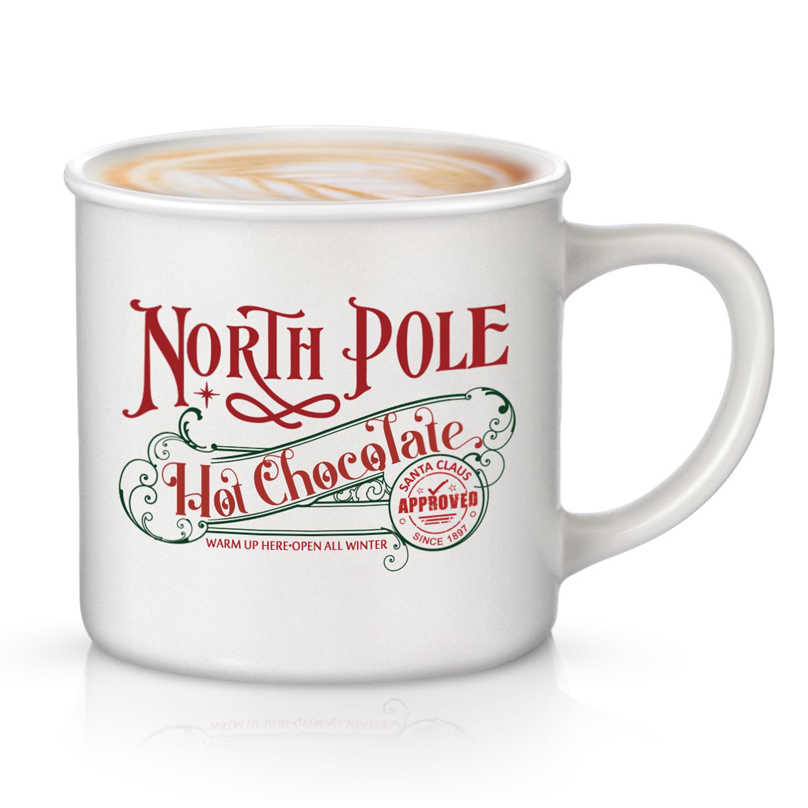 Yaomiao taza navidad esmaltada polo norte, frontal para ver el diseño festivo.