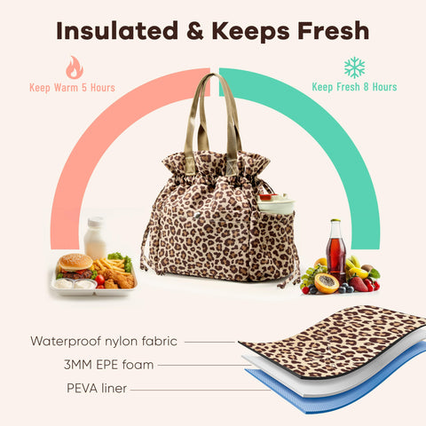 Yarnic Leopardo bolsa almuerzo aislante de 3 mm para comida fresca por horas.