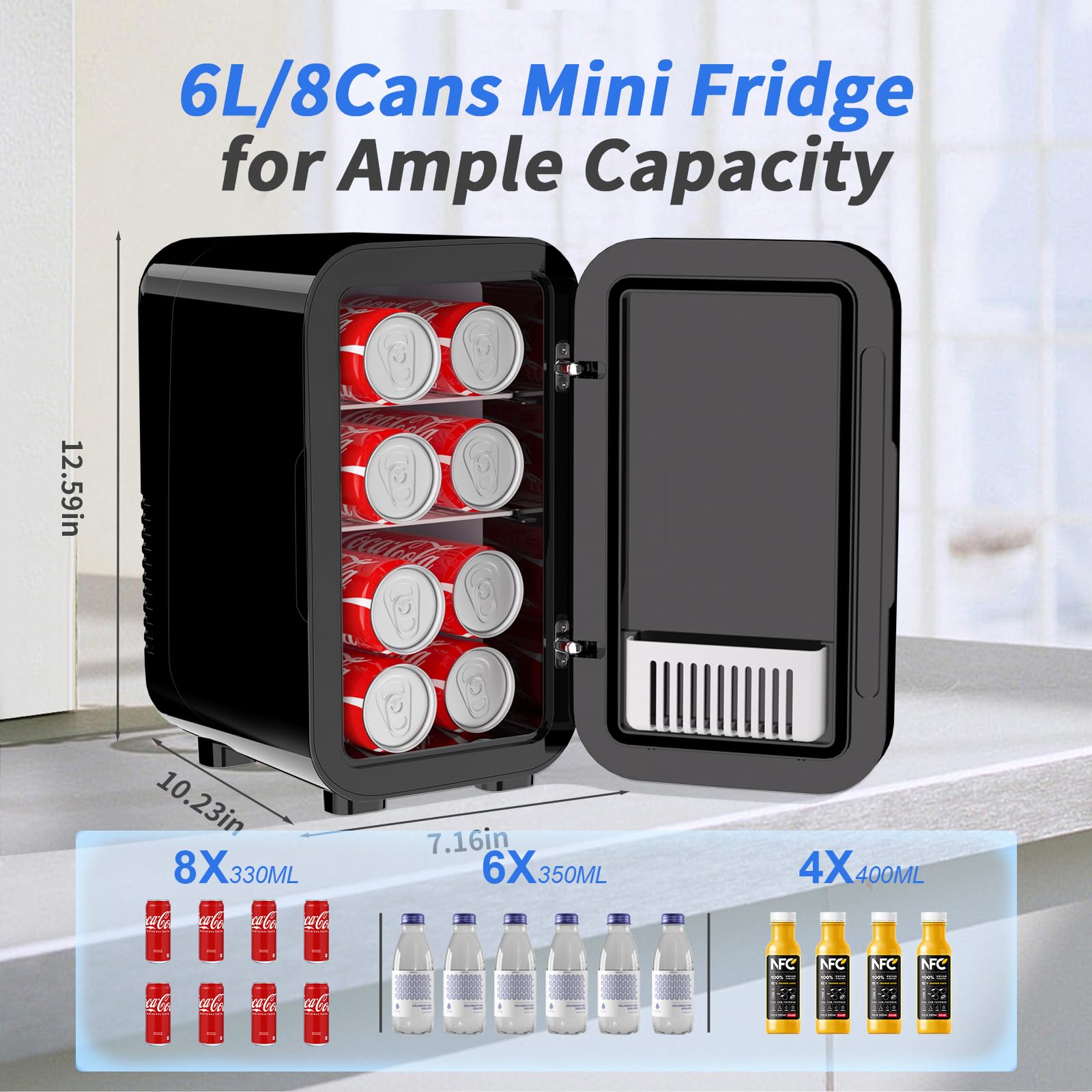 YASHE mini frigorífico 6L con capacidad para 8 latas, bebidas frescas.