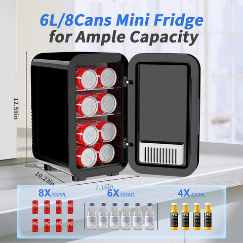YASHE mini frigorífico 6L con capacidad para 8 latas, bebidas frescas.