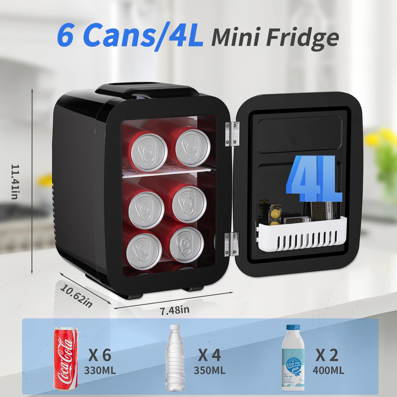 YASHE Mini Nevera interior muestra capacidad para seis latas