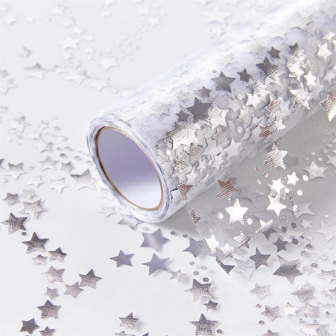 YATOJUZI camino de mesa plateado con estrellas para bodas elegantes.