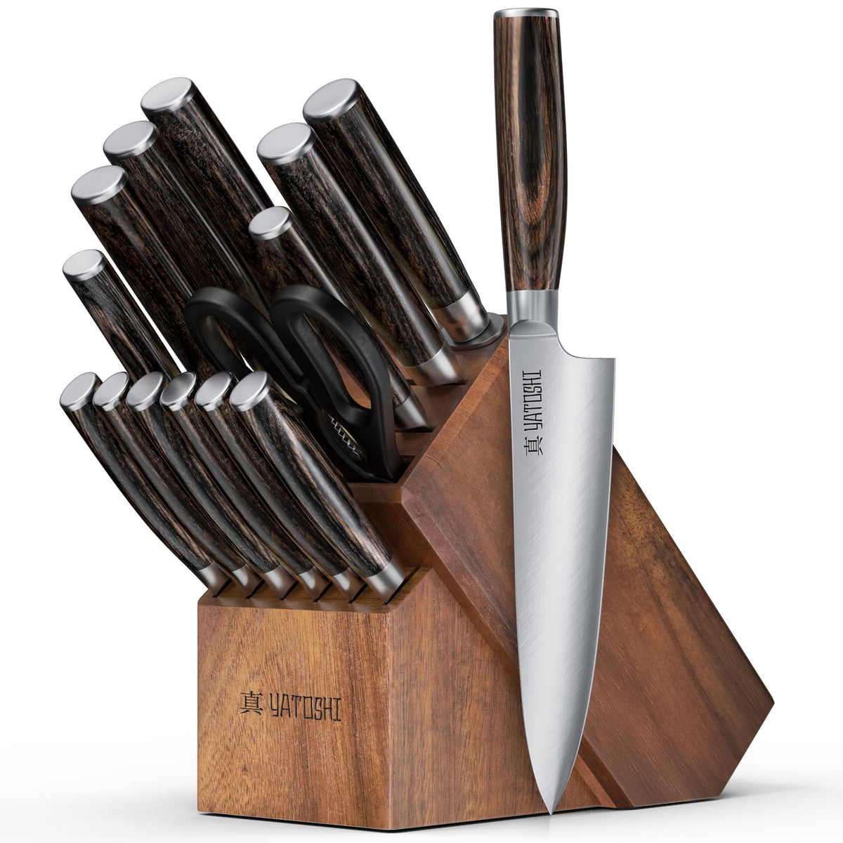 Cuchillos Yatoshi en bloque de acacia para almacenamiento seguro