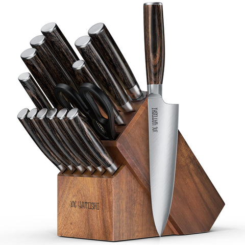 Cuchillos Yatoshi en bloque de acacia para almacenamiento seguro