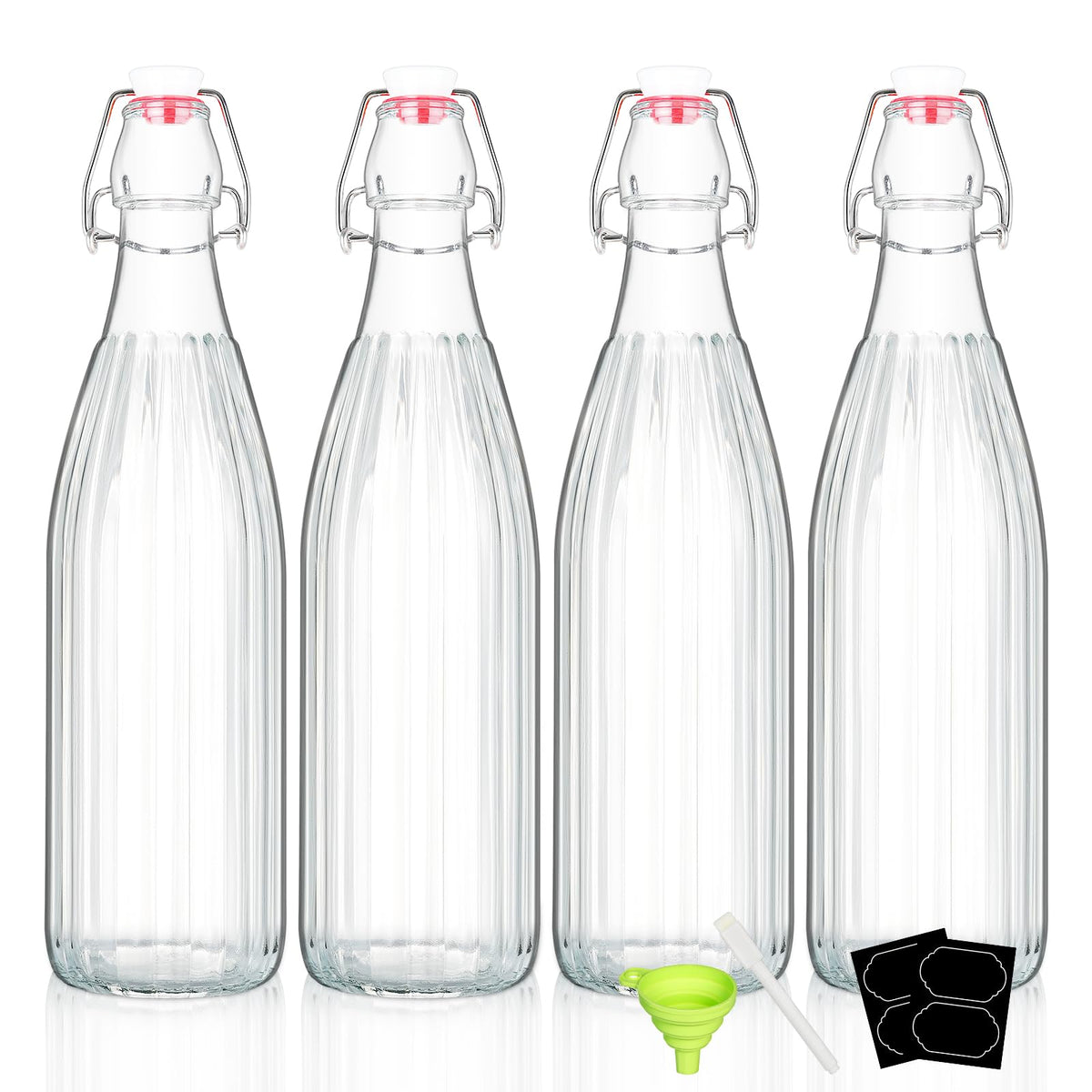 Botella YEBODA de vidrio con tapa abatible para almacenamiento seguro de bebidas.