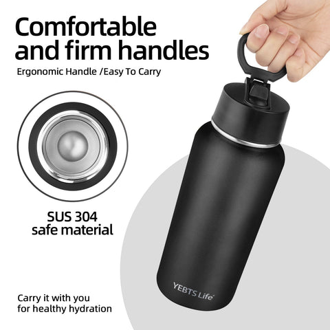 Botella termo resistente en negro, diseño urbano y agarre cómodo.