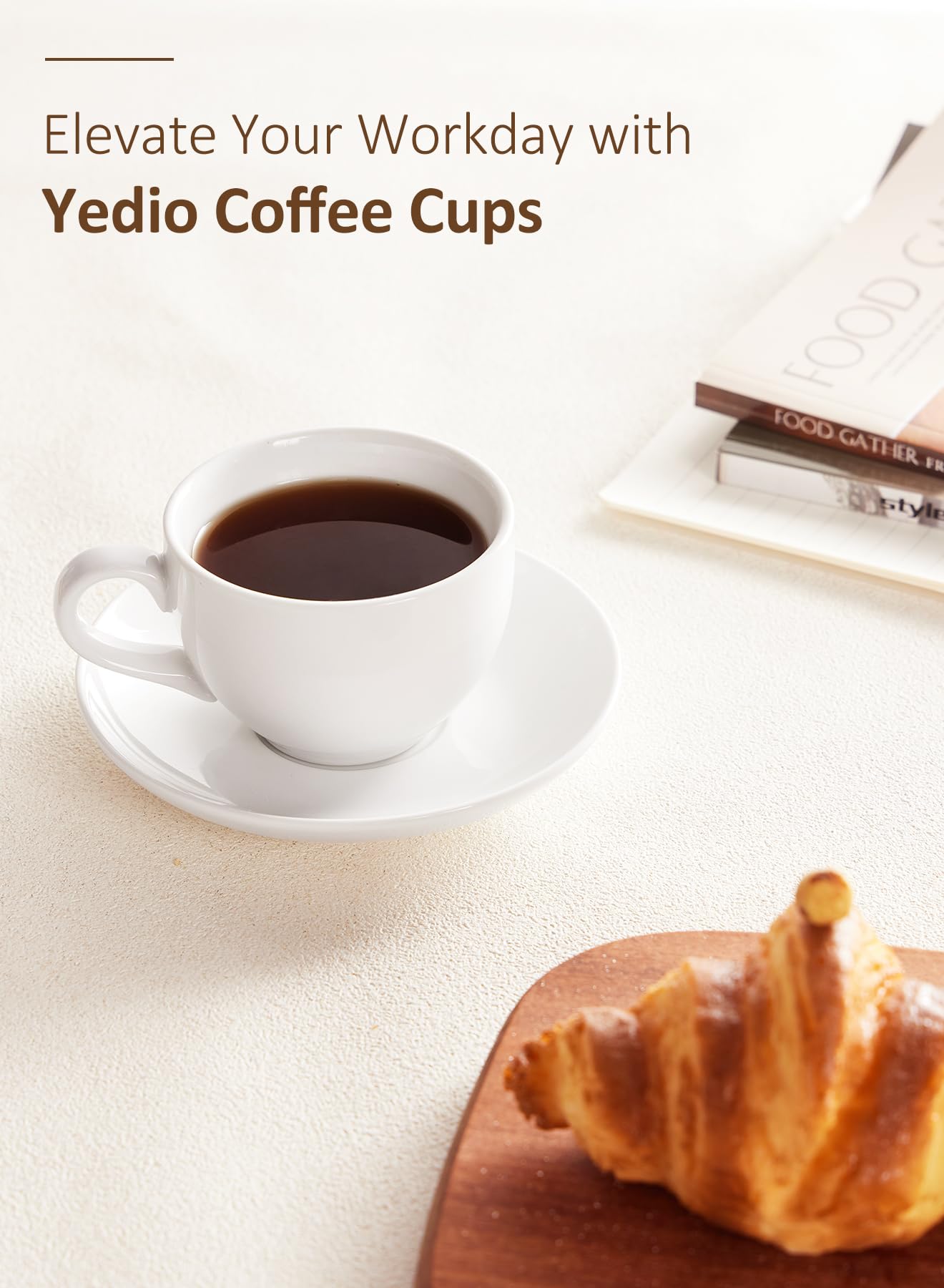 Conjunto Yedio café porcelana blanca seis onzas, perfecto para desayunos y tertulias.