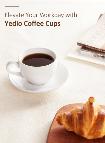 Conjunto Yedio café porcelana blanca seis onzas, perfecto para desayunos y tertulias.