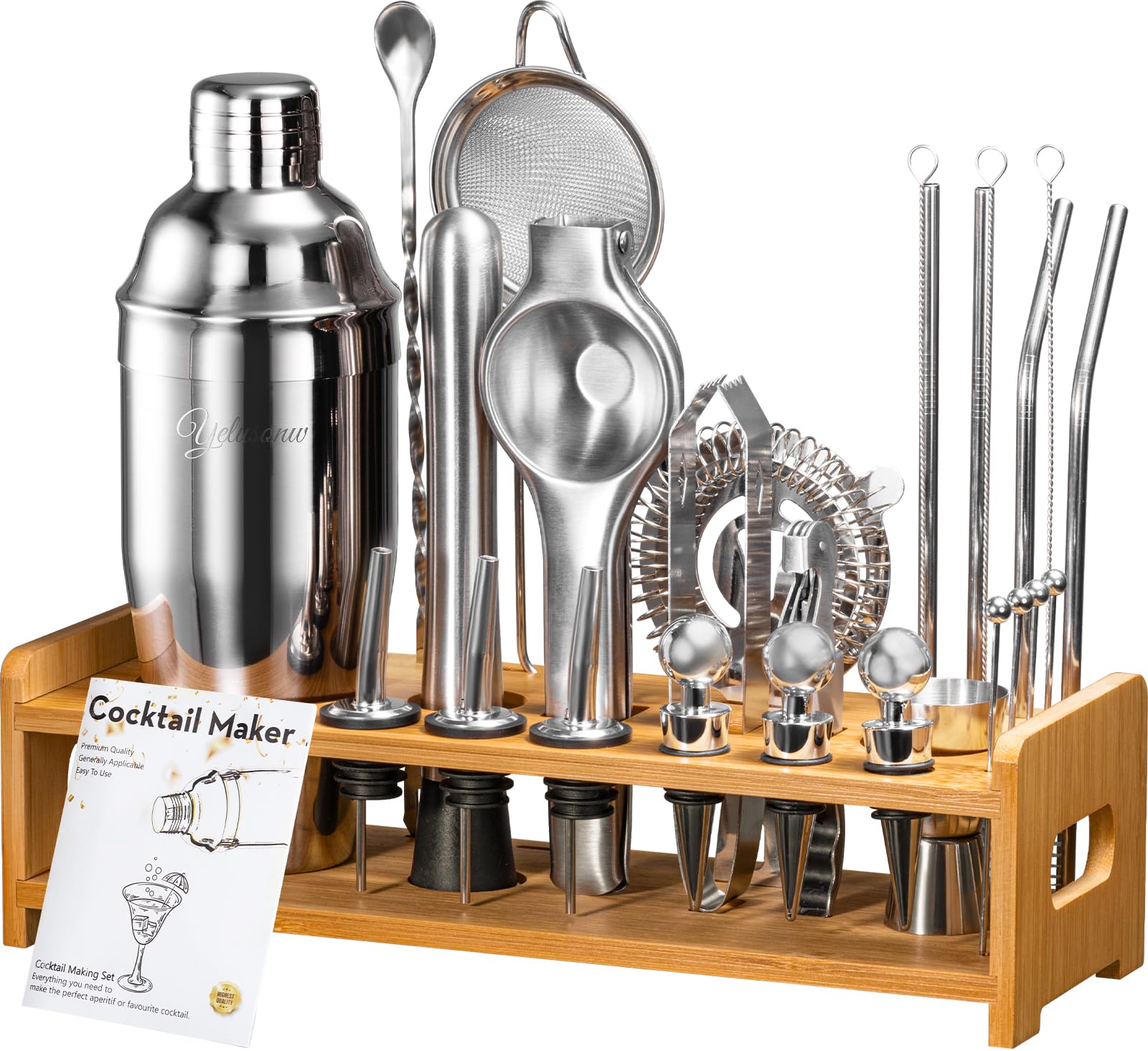 Yelusonw set de cocteles 26 piezas con soporte, ideal para coctelería en casa.